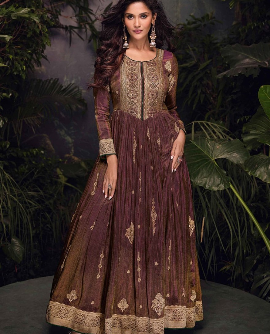 5722 - WOVEN ART SILK JACQUARD LONG KURTA IN DARK BROWN 